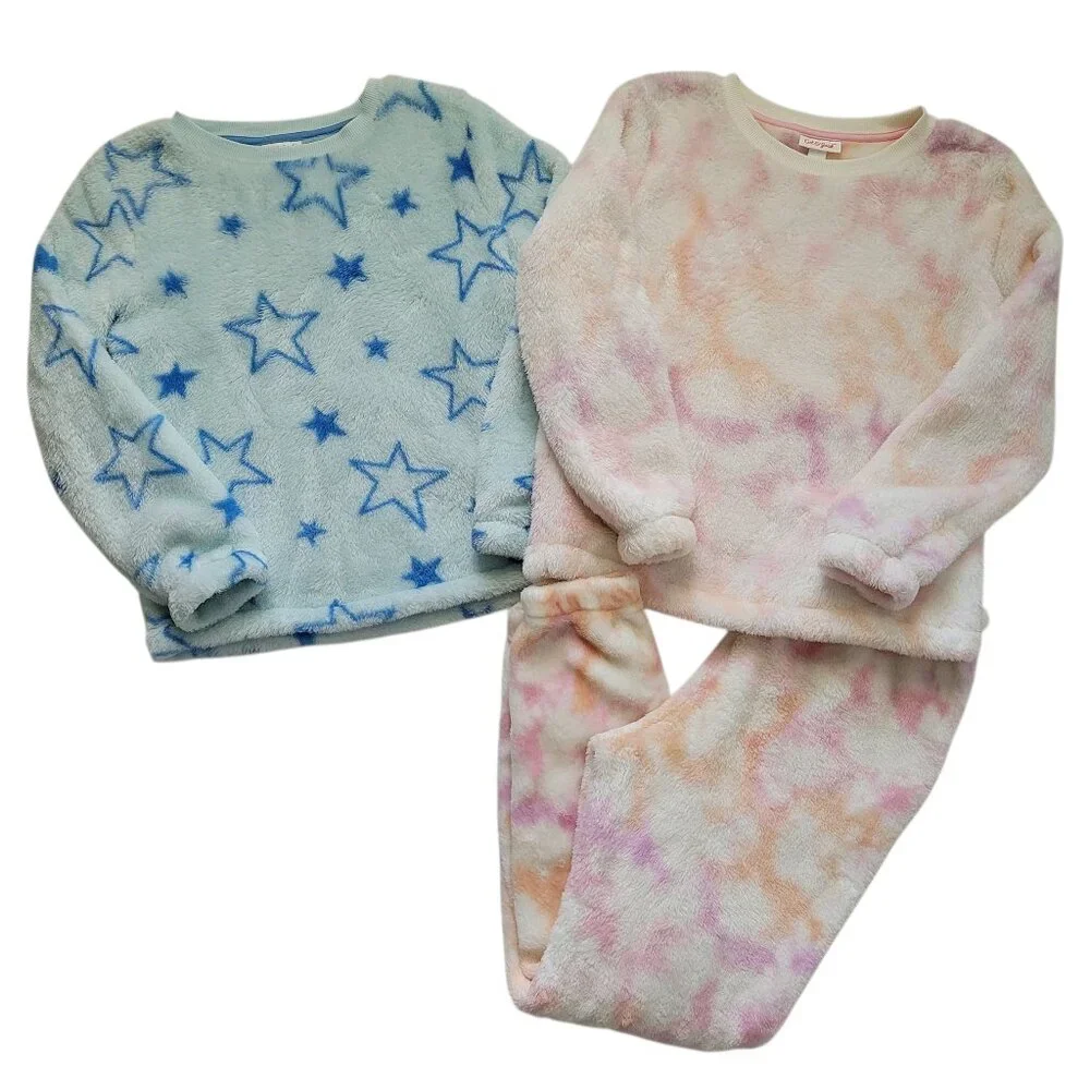 Cat & Jack Fleece Jogger Pants Set Pink Tie Dye Blue Star Sweater Girls L Cozy